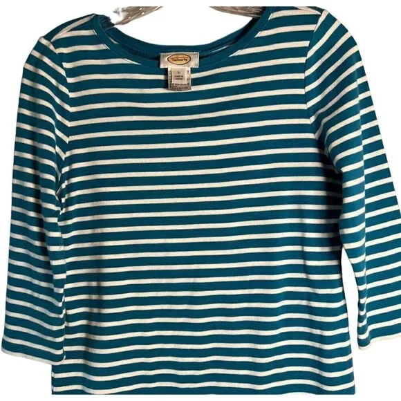 Talbots Green and White Striped Women's Size Large Long Sleeve Tee - Picture 2 of 11